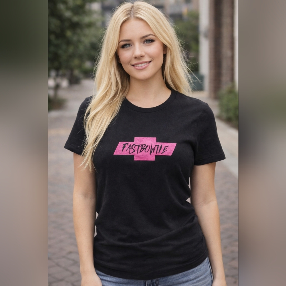 NEW Womens "Fast Bowtie" Custom Pink Chevy Logo Black Tee (Chevy Fan Gear) Small